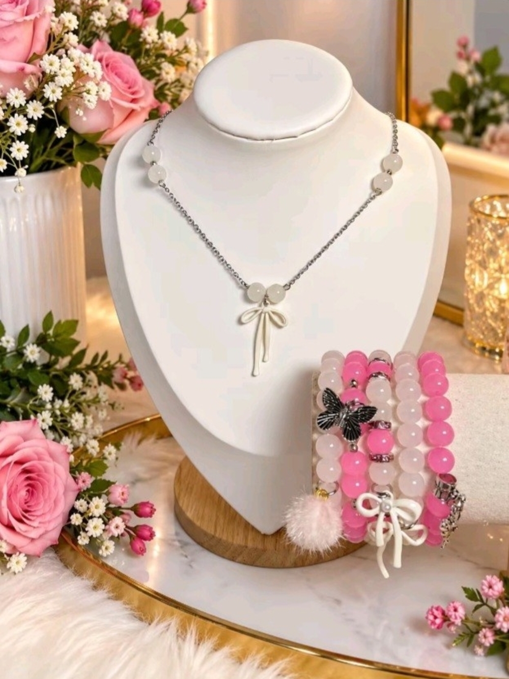 Elegant Bow Pendant Necklace and Pink Bead Bracelet Set